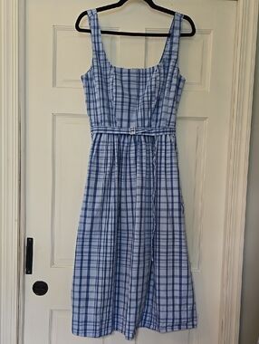 Light Blue Plaid Midi Dress with Belted Waist New Without Tags